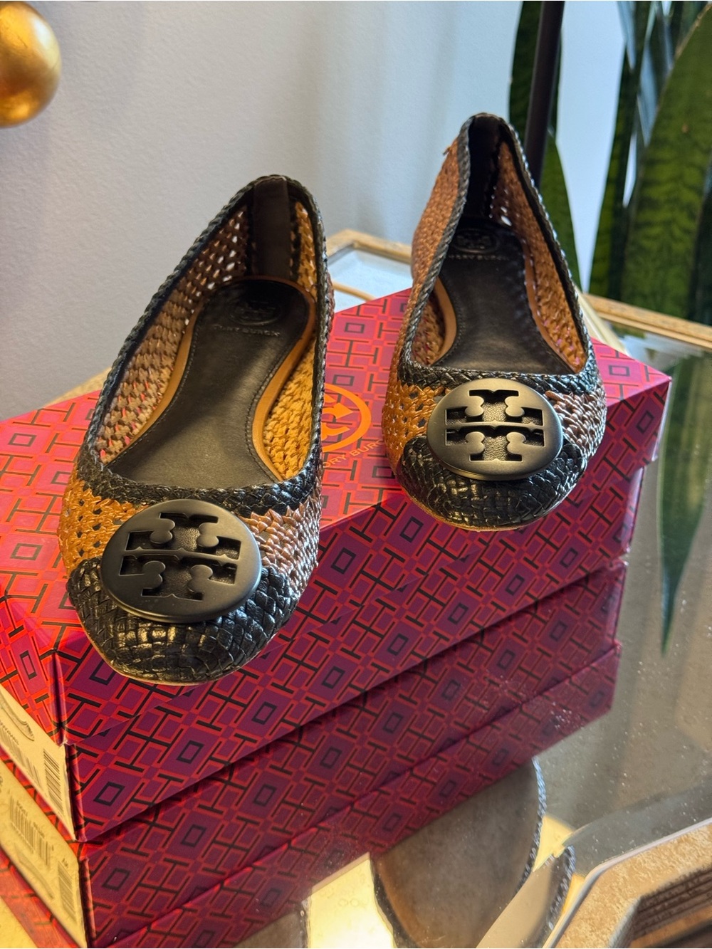 Tory Burch Tan and Black Woven Logo Ballet Flats - Size 9.5